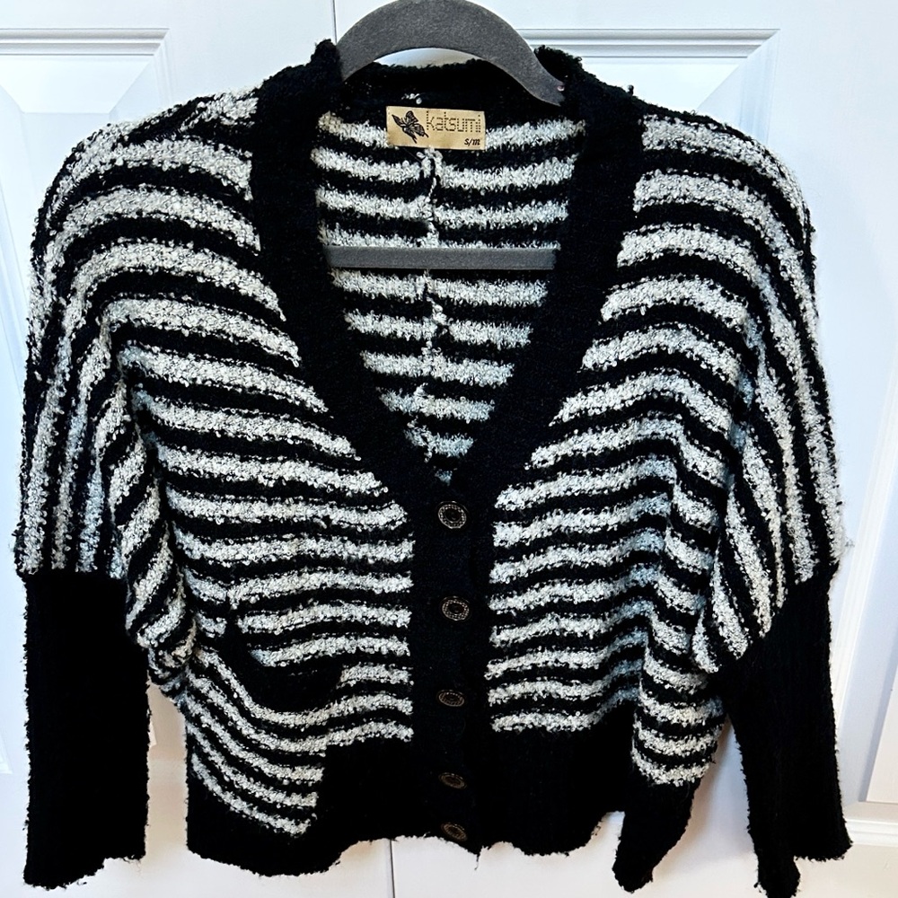 LF Katsumi Black & Cream Striped Boucle Knit Cardigan